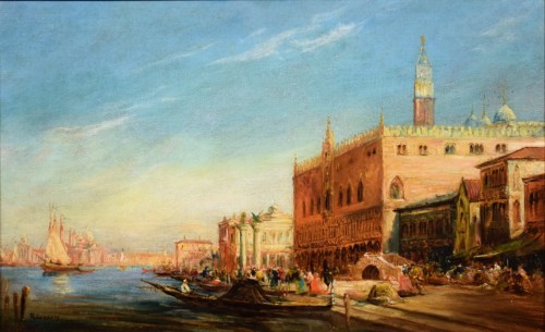 Venise, Bassin de Saint-Marc et Palais Ducal - Ecole française du XIXe - Tableaux et dessins Style Napoléon III